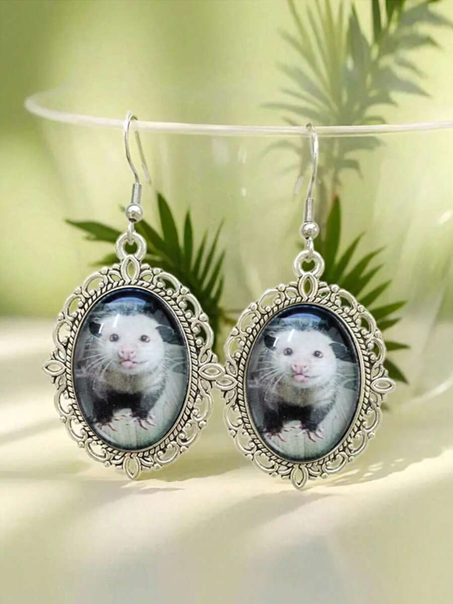 Vintage Silver Opossum Relief Earrings - Cute Opossum Animal Jewelry Suitable For Nature Lovers - Silver - View 1