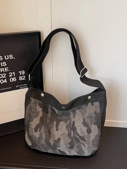 Vintage Distressed Camouflage Denim Shoulder Bag, Large Capacity Casual Canvas Slouchy Style, Adjustable Strap Crossbody Bag, Daily/Outdoor/Sports/Commute Tote