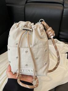 1个女士时尚水钻装饰斜挎手机包,抽绳封口设计,配有可调节长肩带,适合日常外出和休闲购物。 - 彩色 - 查看 4