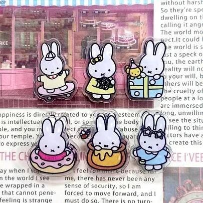  6 Stück süße Miffy Hase doppelseitige hochauflösende Acryl-PP-Klammern, kompakt und edel, klarer Druck, hochwertiges Material, können verschiedene Papiere sichern, kombinieren Aufbewahrung und Dekoration, geeignet für Schreibtischorganisation und als Geschenk, zufällige Stile