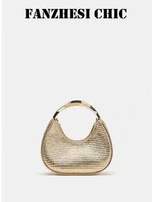 Elegant Gold Glossy PU Leather Shoulder Bag With Metal Handle And Chain Strap, Suitable For Dates, Shopping, Commuting And Vacation, Perfect Choice For Office Ladies - Gold - View 6