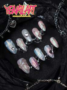 10 piezas de puntas de uñas artificiales con cobertura completa, hechas a mano con degradado azul y rosa aurora, decoración 3D de lazo y estrella con strass y lentejuelas, adecuadas para uso diario, fiestas, vacaciones, días festivos y otras ocasiones, suministros de arte de uñas - Multicolor - Ver 3