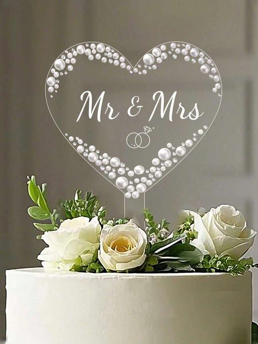 Mr. & Mrs. Acrylic Cake Topper, Suitable For Engagement, Printing, Bridal Shower, Anniversary, Luxury Wedding Cake Decoration, Reusable Wedding Cake Decor, Easy To Install Cake Decoration, Boho Style Wedding Cake Decor, Rustic Wedding Cake Decor, Luxury Wedding Cake Decor With Pearls - Multicolor - View 1