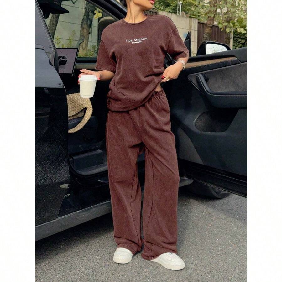 Women's Washed Brown T-Shirt And Pants Two-Piece Casual Set - 咖啡棕 - 查看 1