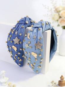 1pc Women's Retro Denim Knotted Headband With Rhinestone Star Rivet Decor, Sweet & Spicy Style, Petite Face Flattering, Cute Party Polyester Wide Knotted Headband Hair Band Diadema Hair Hoop - Multicolor - View 6