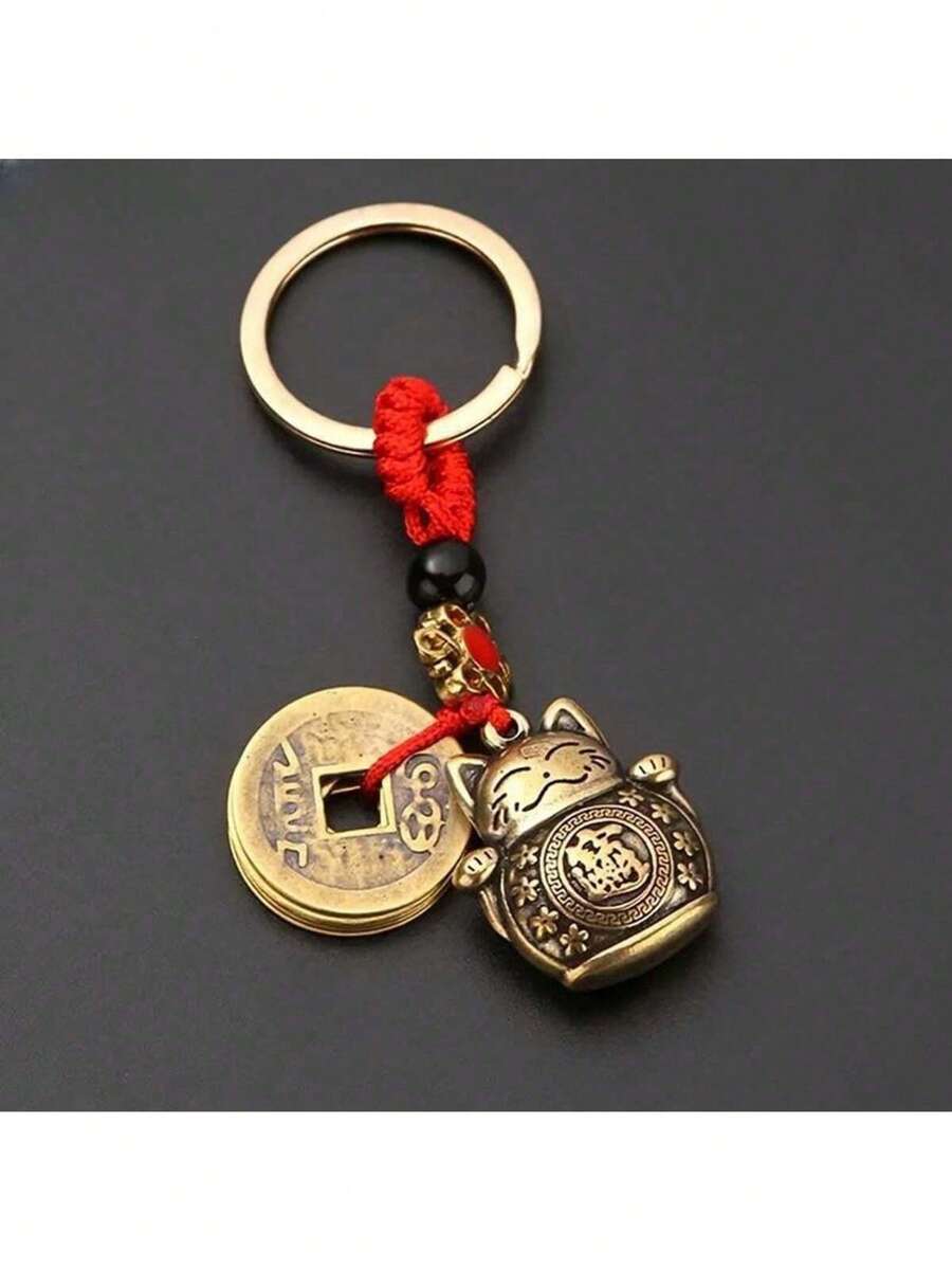 1pc Lucky Cat Keychain With 5 Coins, Exquisite & Cute, Holiday Gift - Red - View 1