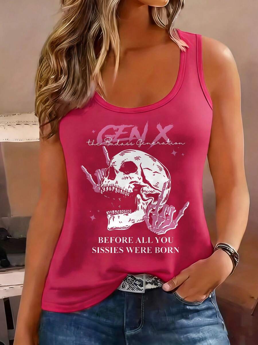 New Women'S Fashion Beach Vacation Style Easy Coconut Tree Cartoon Tank Top, Spaghetti Strap Tank, Casual Printed Vest, Printed Tank Top Skull And  Gen X  Graphic Printed Women'S Tank Top - 粉色 - 查看 1