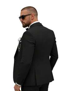 Men's Tailored Suit Set, Black Satin Plaid Collar, Anti-Wrinkle Fabric, Wedding Groom's Evening Dress For Formal Business Attire - 黑色 - 查看 4