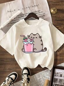 [Cotton T-Shirt] Tweed Girl Pink Kitten Drinking Milk Tea Cartoon Print Pullover Crew Neck T-Shirt For Girls - Spring, Summer, And Autumn Student Young Children's Short-Sleeve Top - Perfect For Playing And Casual Outings. A Fun And Colorful T-Shirt That Inspires Every Child's Imagination. Suitable For Sporty Girls' Everyday Wear, Street Style, And School Uniforms. - Màu be - Xem 2
