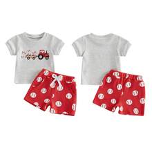 Toddler Baby Boy Baseball Outfits Tractor Baseball Embroidery T-Shirt Tops And Gingham Plaid Shorts Set Infant Game Day Baseball Outfit, Baby Boy Summer Clothes, Baseball Outfits For Baby Boys - 灰色 - 查看 2