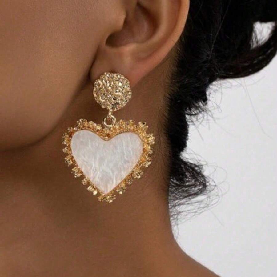 Rhinestone Detail Heart Drop Earrings Valentines - White - View 1