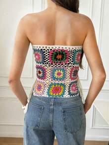 Handmade Crochet Random Color Grandma Plaid Bohemian Style Tube Top Summer - Multicolor - View 2