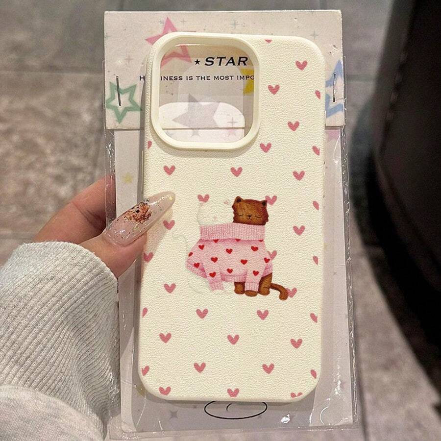 1pc TPU Material Heart-Shaped Cuddling Cat Pattern Phone Case Compatible With Apple 17 Pro Max/17/16 Pro Max/15/13/12/11, S20 FE/A15/S24/A55, Note 11/Note 12/Note 13 Pro, Full-Body Shockproof Soft Protective Cover - White - View 1