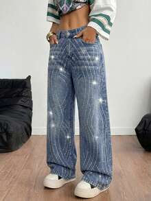Women's High Waist Rhinestone Wave Jeans, Fashion Blue Sparkly Wide Leg Pants For Night Out & Going Out, 2026 Spring Y2K Aesthetic - Medium Wash - View 7