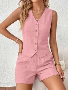 PRETTYGARDEN Women's Summer Clothes Tanktop 2 Piece Sets Outfits Sleeveless Matching  Button Down V Neck Vest Waistcoat And Pockets Going Out Short Sets Vacation - 粉色 - 查看 3