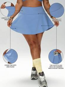 1pc Plus Size Women Sports Skort, Fashionable Casual Sports Yoga Outdoor Baseball Skort With Built-In Leggings, Side Pocket, Spring/Summer - Blue - View 5