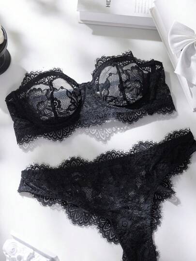 2pcs Black Lace Bandeau Bra Set, Delicate Lace Sheer & Sexy, Strapless Design Suitable For Cold-Shoulder Outfits, Sweet & Alluring, Suitable For Multiple Occasions And Wearers, Underwire Style For Better Lift And Support