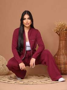 Wide-Leg Pants + Long-Sleeved Jacket In Cool, Lightweight Fleece Fabric For Winter 2026. Zipper. - Gỗ đỏ - Xem 3