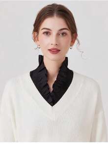 Cuello falso de encaje con escote en V, sudadera/camiseta interior versátil para mujer, cuello falso decorativo blanco, cuello de camisa para mujer de otoño/invierno, festival, viaje - Negro - Ver 5
