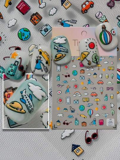 1 ورقة ملصقات فن الأظافر المنقوشة ثلاثية الأبعاد ذات موضوع السفر، تشمل طائرة، سيارة، بالون هواء ساخن، كاميرا، حقيبة سفر، شمس، نمط ، فتاة سفر، حلويات ومشروبات، مناسبة لتسجيل السفر، الطالبات اليومي، ملابس العطلات، المظهر الصيفي الطازج، مثالية لعشاق السفر، الطالبات، الفتيات الحلوات، الأمهات، مبتدئي فن الأظافر DIY