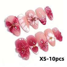 10片装Y2K花卉亚克力假指甲，粉色3D花朵珍珠蝴蝶设计，中号杏仁形，按压式美甲，适合女孩和女士日常佩戴。 - 彩色 - 查看 9