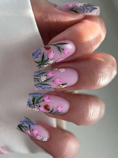 NAIO Bộ 24 móng giả dán mùa xuân/hè, móng acrylic hình quan tài với lớp phủ mờ, thiết kế đầu móng kiểu Pháp họa tiết hoa hồng và ong màu xanh lá cây, phong cách lấy cảm hứng từ Y2K dành cho phụ nữ và bé gái, hoàn hảo cho các bữa tiệc và sử dụng hàng ngày, bao gồm bộ dụng cụ, món quà tuyệt vời dành cho phái nữ, phụ kiện và vật dụng làm móng không thể thiếu.