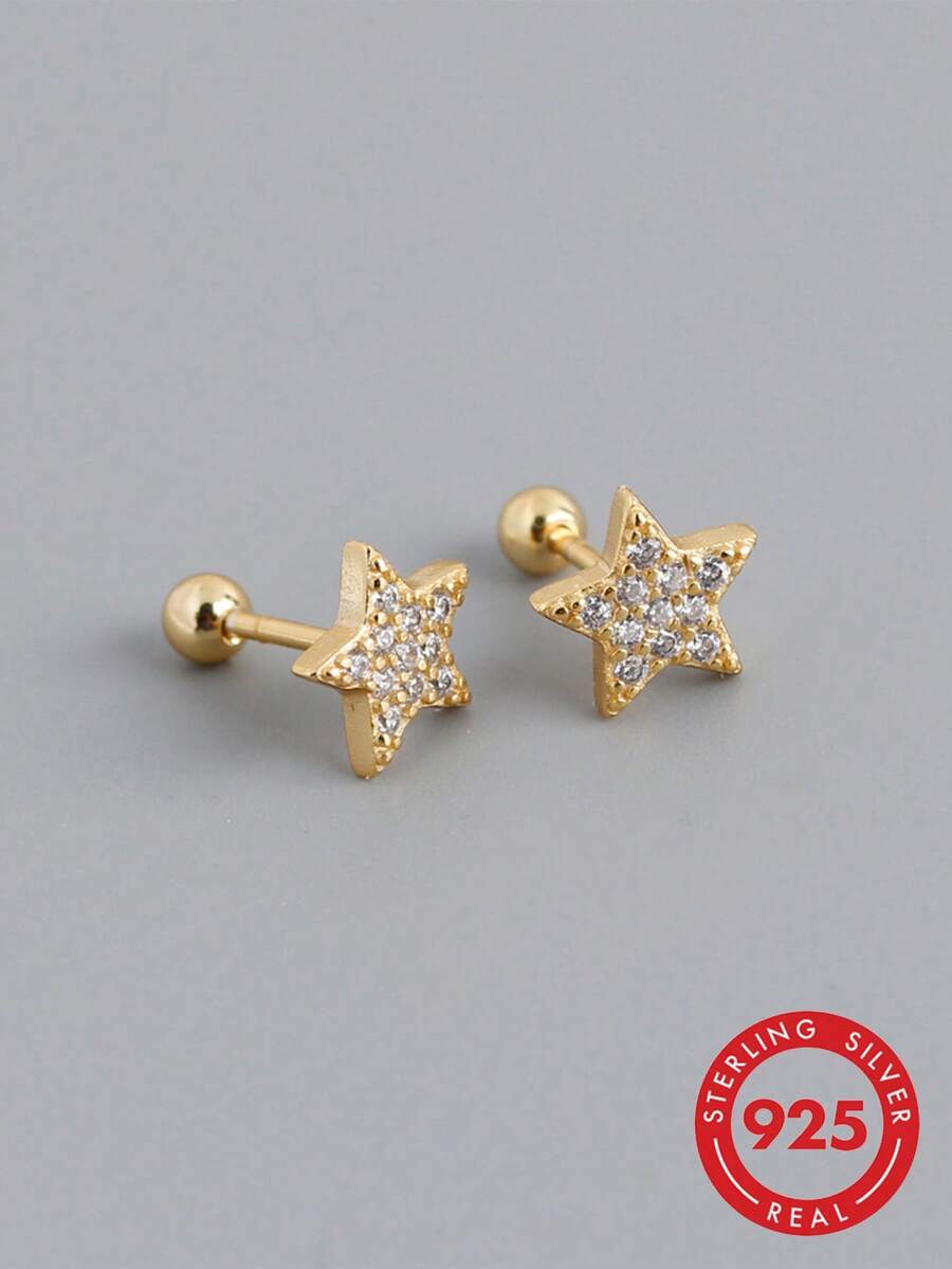 1 对 925 纯银 18K 镀金方晶锆石星形耳钉,优雅日常佩戴珠宝,适合女性、情人节 - RS0028-G-Star - 查看 1