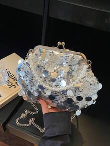 Shiny Sequin Handbag, Summer New Model, Versatile Chain Shoulder Bag, Elegant Frame Purse - Silver - View 8