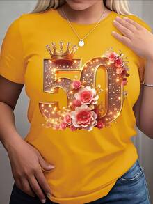 Yellow T-Shirt, Great , Yellow Great , Women's Short Sleeve Blouse-Shirt With Round Neck And Floral Crown Print, Soft And Lightweight Fabric, Casual And Elegant Clothing For Birthday Parties, Weddings Or Gift For Guests, Sweet And Romantic, Machine Washable - Superior 50 Flower Crown - 黃色 - 查看 1