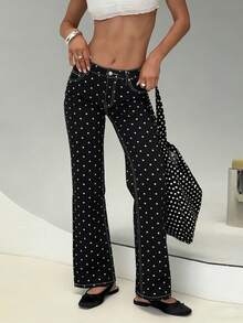 Women's Slim Fit Denim Pants Mid Rise Tapered Leg Stretch Jeans With Black Spotted Pattern - Black - View 9