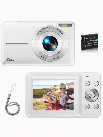 Nicamery 4400万像素全高清1080P数码相机，16倍光学变焦，配有腕带，是初学者的理想礼物，适合青少年使用。[不含存储卡]