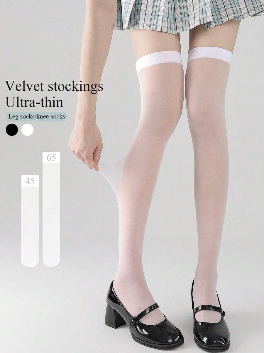 1 đôi tất cao đến đùi màu đen/trắng siêu mỏng, tất ôm dáng cho nữ dài 45/65cm, tất nhung mờ, tất cao đến đầu gối thoáng khí, đa năng, kiểu dáng học sinh thanh lịch.