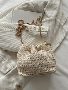 Mini ny moderiktig stråvävd guldkedja med dragsko, strandväska - Beige - Visa 6