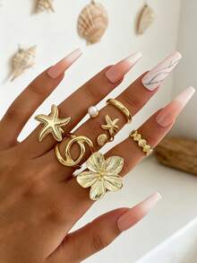 6pcs Smooth Geometric Ocean Elements Starfish Shell Oversized Fashion Rings, Vintage Pentagonal Flower Classic Gold Rings For Women - Gold - View 6