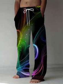 Men's Loose-Fit Gradient Glow Pants With Fluorescent Line & Particle Light Effects - Wide-Leg Straight-Look Casual Trousers Suitable For Night Out, Parties & Casual Attire - Machine Washable Comfortable Pants - 彩色 - 查看 3