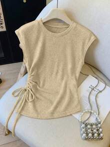 Women's Office-Ready Knit Top - Beige, Sleeveless, Side Ruched Tie, Crew Neck Casual - Apricot - View 3