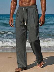 1件杏色男士亚麻质感直筒裤，抽绳松紧腰带，透气柔软，男士沙滩裤，休闲度假风，适合夏季海滩休闲穿着 - 黑色 - 查看 3