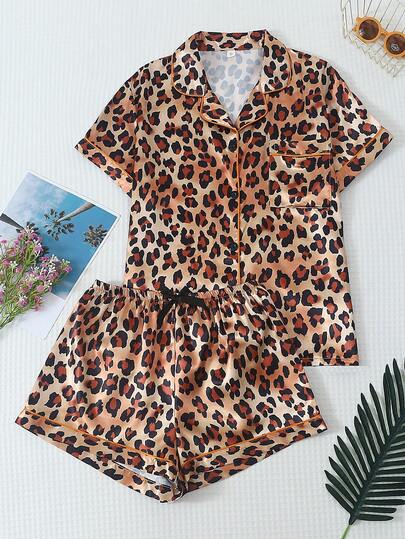 2pcs Satin Satin Leopard Print Short Sleeve Collar Top And Bow Shorts Pajama Set For Women, Spring/Summer