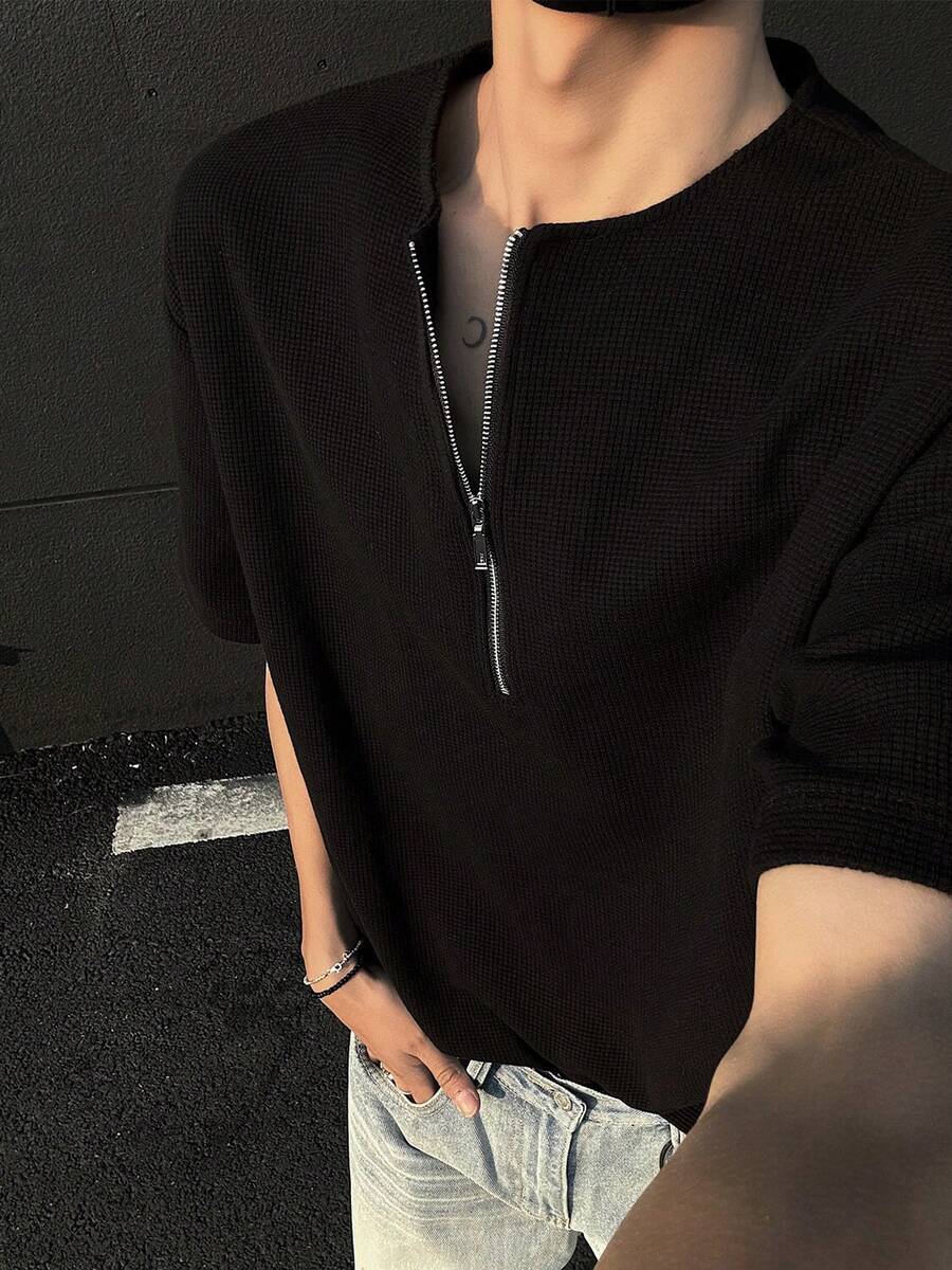 Tシャツ メンズ 半袖 夏服メンズ ワッフル柄 ハーフジッパー アメリカンスタイル ヘンリーシャツ風 ルーズフィット ストリート カジュアル デザイン性豊か - ブラック - チェックする 1