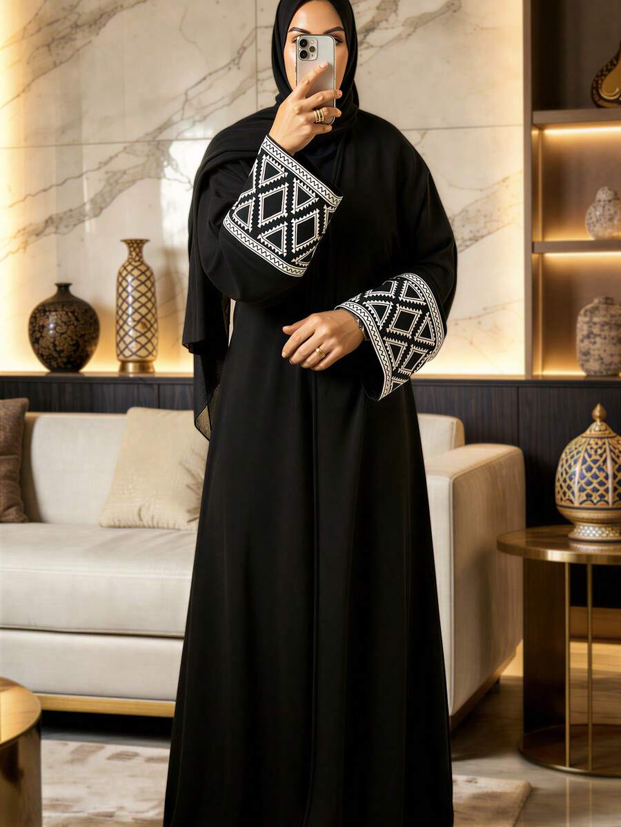 1 chiếc áo Abaya đen dành cho nữ, tay áo thêu họa tiết hình học màu trắng, áo choàng dài rộng rãi, áo choàng Hồi giáo thanh lịch, thoải mái làm từ vải cao cấp. - màu đen - Xem 1
