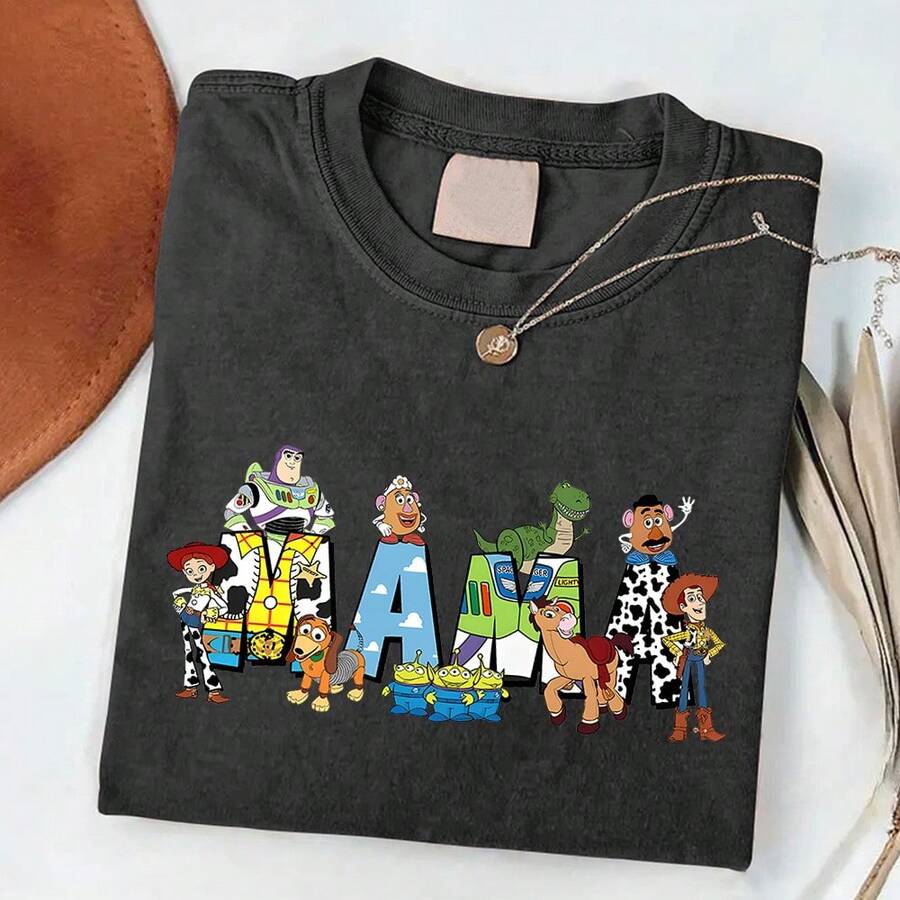 DisneyToy StoryMama Mother's Day T-Shirt, Coffee Oversized Washed Cotton Tee With Buzz, Woody, Jessie, Rex, Potato Head Graphic, Plus Size Loose Fit, Perfect For Mom, DisneyFans, Mother's Day Gift & Casual Wear - 黑色 - 查看 1