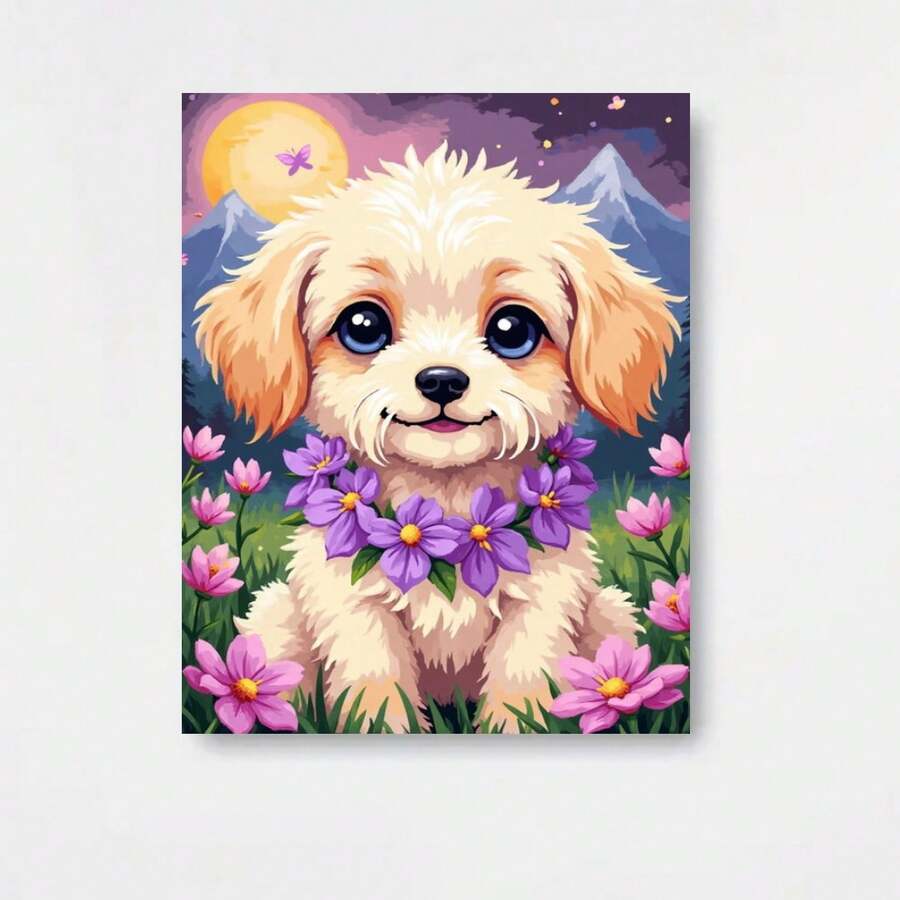 1 Kit de Pintura por Números, Ideal para Principiantes Adultos, Lindo Perro con Flores y Paisaje Pastel, Para Amantes de los Perros, Entusiastas del Arte Floral, Fanáticos de los Colores Pastel, Admiradores de la Decoración Acogedora del Hogar, Set de Coloreo Familiar - Pintura Acrílica con Lienzo y - Enmarcado - Ver 1