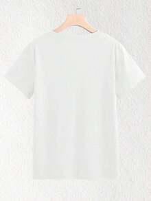 Camiseta de mujer de cuello redondo, holgada y de alta calidad, con estampados de letras, corazones de dibujos animados y diseños de animales pequeños en varios estilos, es adecuada para el uso diario casual y salidas a la playa. Es la elección perfecta para conjuntos de vacaciones en pareja. Hecha de 100% algodón puro, tela de 200 gramos de peso, de alta calidad, suave y cómoda, un imprescindible para el uso diario. - Blanco - Ver 2