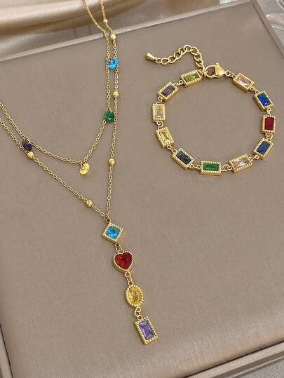 Conjunto de joyería de acero inoxidable con colgante de corazón vintage chapado en oro de 18K, pulsera y collar en Y, con circonita multicolor. Ideal para mujeres y señoras, para usar en verano, en la playa, de vacaciones, como regalo para mamá, para fiestas diarias, galas, bodas, San Valentín, aniversarios, festivales de música, Navidad, citas, Pascua.