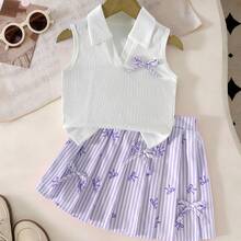 Girls' V-Neck Ribbed Knit Tank Top + Ribbed Butterfly Print Skirt 2Pcs Set, Suitable For Daily, Outdoor And Various Activities, Spring/Summer - Purple - View 6