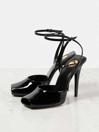 hanxiangyuzu Giày sandal cao gót mũi vuông mới cho nữ, sandal da quai ngang mắt cá chân, giày hở mũi không gót, giày thời trang cho đám cưới, tiệc tùng.