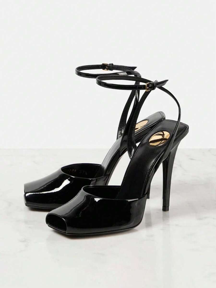 女士新款方头高跟凉鞋，真皮踝带凉鞋，露趾无后跟礼服鞋，婚礼、派对时尚鞋履 - 黑色 - 查看 1