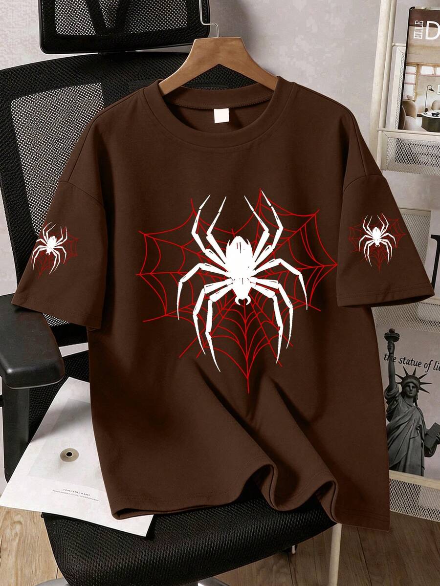 Kaos Lengan Pendek Basic Motif Laba-laba American Cool, Cocok Untuk Dipakai di Musim Semi dan Musim Panas, Gaya Remaja Laki-Laki - Coklat - View 1