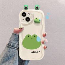 1pc Ins Style Cream Trim Cartoon Rabbit, Pig, Frog Pattern/Cartoon Doll/Cartoon Ear Doll Full Coverage Anti-Fall Phone Case, Suitable For IPhone 17/17 Pro/17 Pro Max/16/15/14/13/12/11 Series, Fashion Phone Case Compatible With IPhone 17 Pro Max - Green - View 1