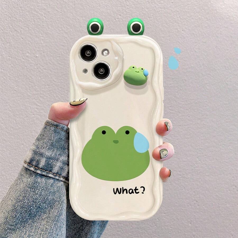 1pc Ins Style Cream Trim Cartoon Rabbit, Pig, Frog Pattern/Cartoon Doll/Cartoon Ear Doll Full Coverage Anti-Fall Phone Case, Suitable For IPhone 17/17 Pro/17 Pro Max/16/15/14/13/12/11 Series, Fashion Phone Case Compatible With IPhone 17 Pro Max - Green - View 1